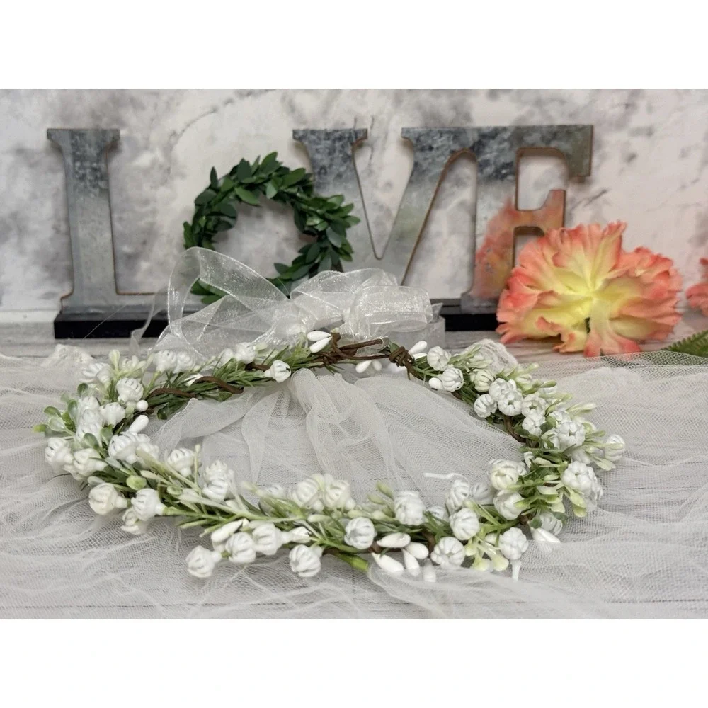 Boho Vtg Wedding Hair Vine Flower Crown White Flowers Green Wear Many Ways NWOT